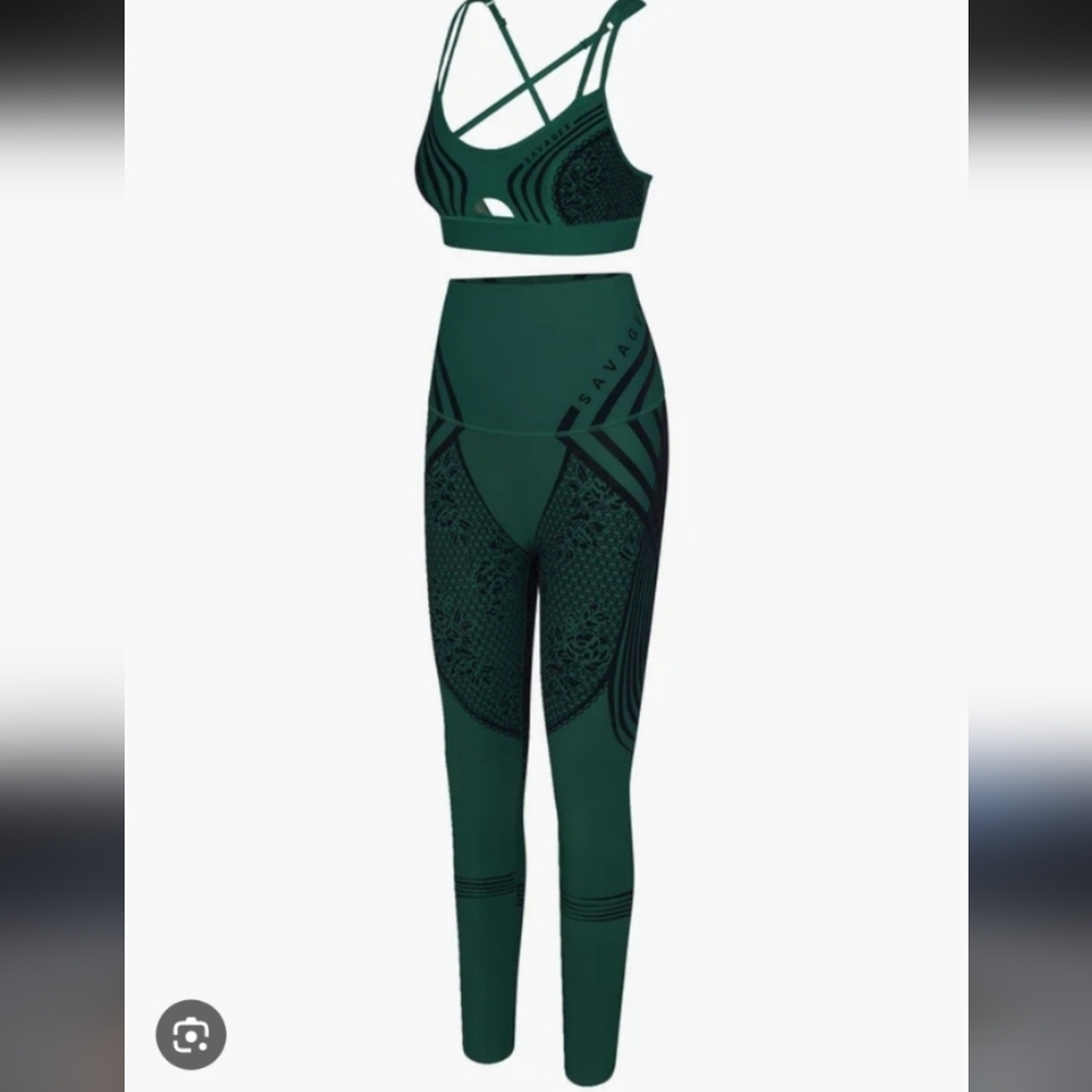 Savage X Fenty Green Leggings with Black Design